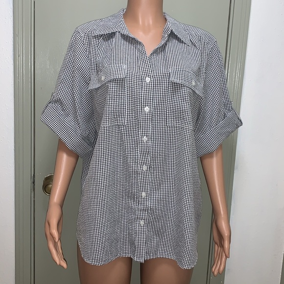 C. D. Daniels Short Sleeve black and white small checkered Button Down Blouse - Picture 5 of 17